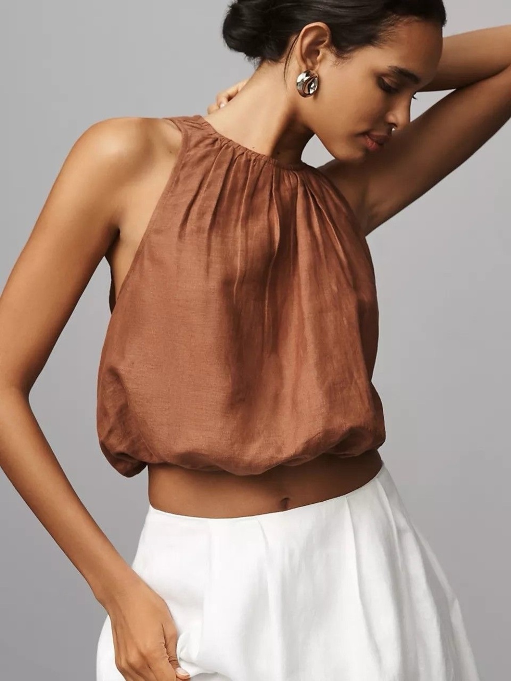 Anthropologie Copper Brown Halter Bubble-Hem Crop Top